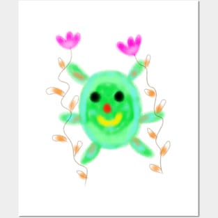 Green doodle cartoon watercolor art Posters and Art